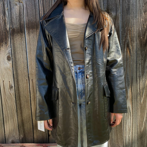Vintage Black Leather Trench Coat SZ M #45
