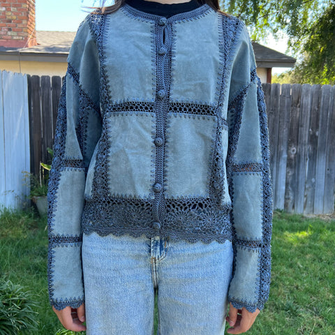 Vintage 1990’s Lightweight Blue Crochet Leather Jacket #14